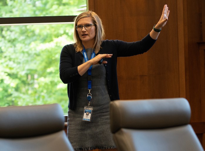 Megan Miller provides instructions during Continuous Improvement training at Hoosier Energy.